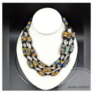 Hand painted trade bead necklace with multi-layer bib front Necklace